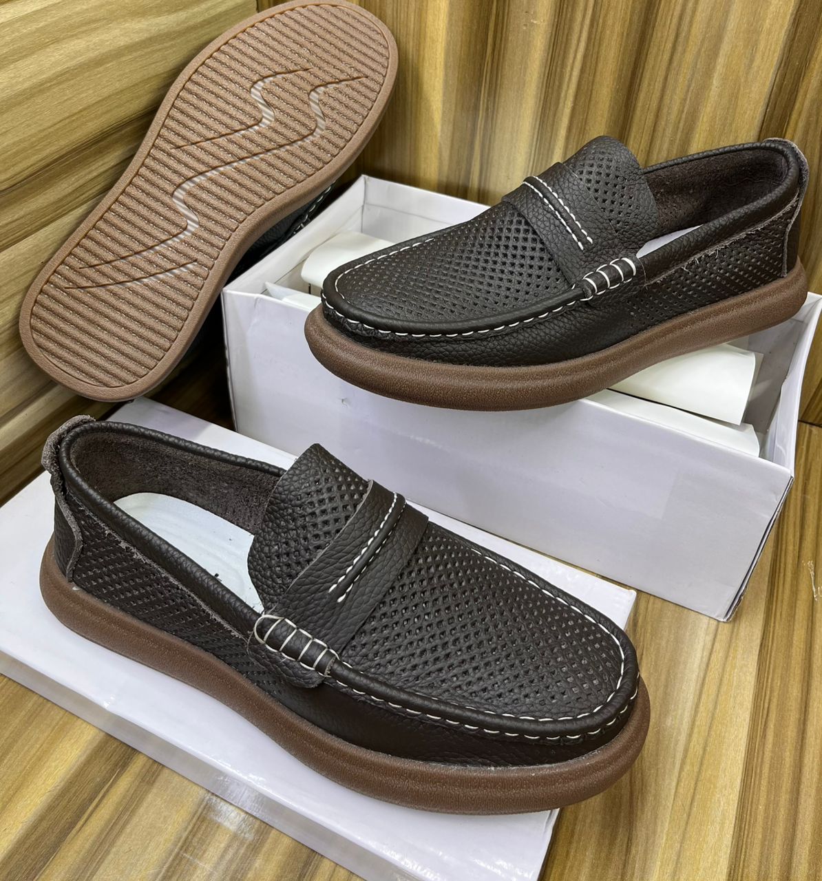 Men's Dark Brown Perforated Leather Penny Loafer